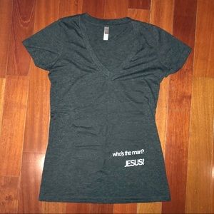 “who’s the man? Jesus!” Charcoal v-neck t-shirt